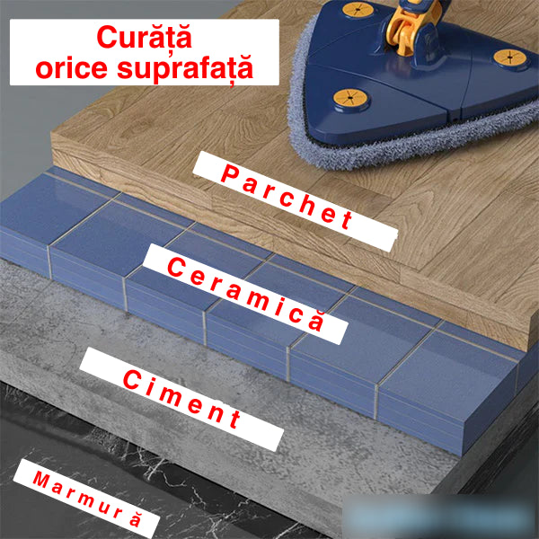 Mop cu cap triunghiular reglabil, rotire 360 grade, mâner telescopic și lavetă microfibră